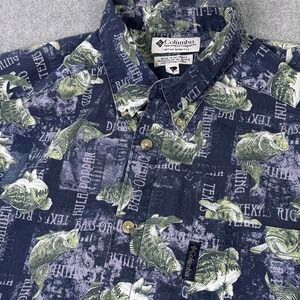 VTG Columbia Sportswear Bass Fish‎ Blue Short Sleeve Button Down Men's Size L